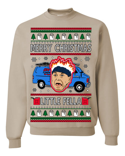 Merry Christmas Little Fella, Classic Funny 90s Harry Kevin Fire Plumbing Van Bandits, Movie Quote Ugly Christmas Sweater Ugly Christmas Unisex Crewneck Sweatshirt