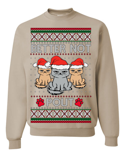 Better Not Pout Cute Sad Santa Cats, Xmas Cat Lover Meme | Ugly Christmas Sweater Crewneck Sweatshirt Ugly Christmas Unisex Crewneck Sweatshirt