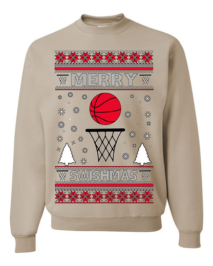 Merry Swishmas Basketball Sports Fan, Teen Sport Player Boys Girls Adult | Ugly Christmas Sweater Crewneck Sweatshirt Ugly Christmas Unisex Crewneck Sweatshirt