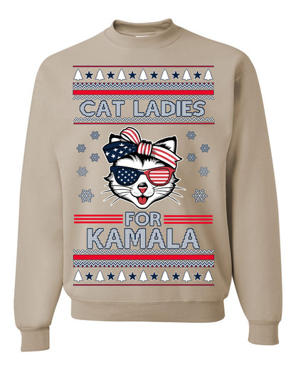 Cat Ladies for Kamala USA Glasses, Harris Tim Walz 2024 Cute USA Glasses Bow, Ugly Christmas Sweater Crewneck Sweatshirt Ugly Christmas Unisex Crewneck Sweatshirt