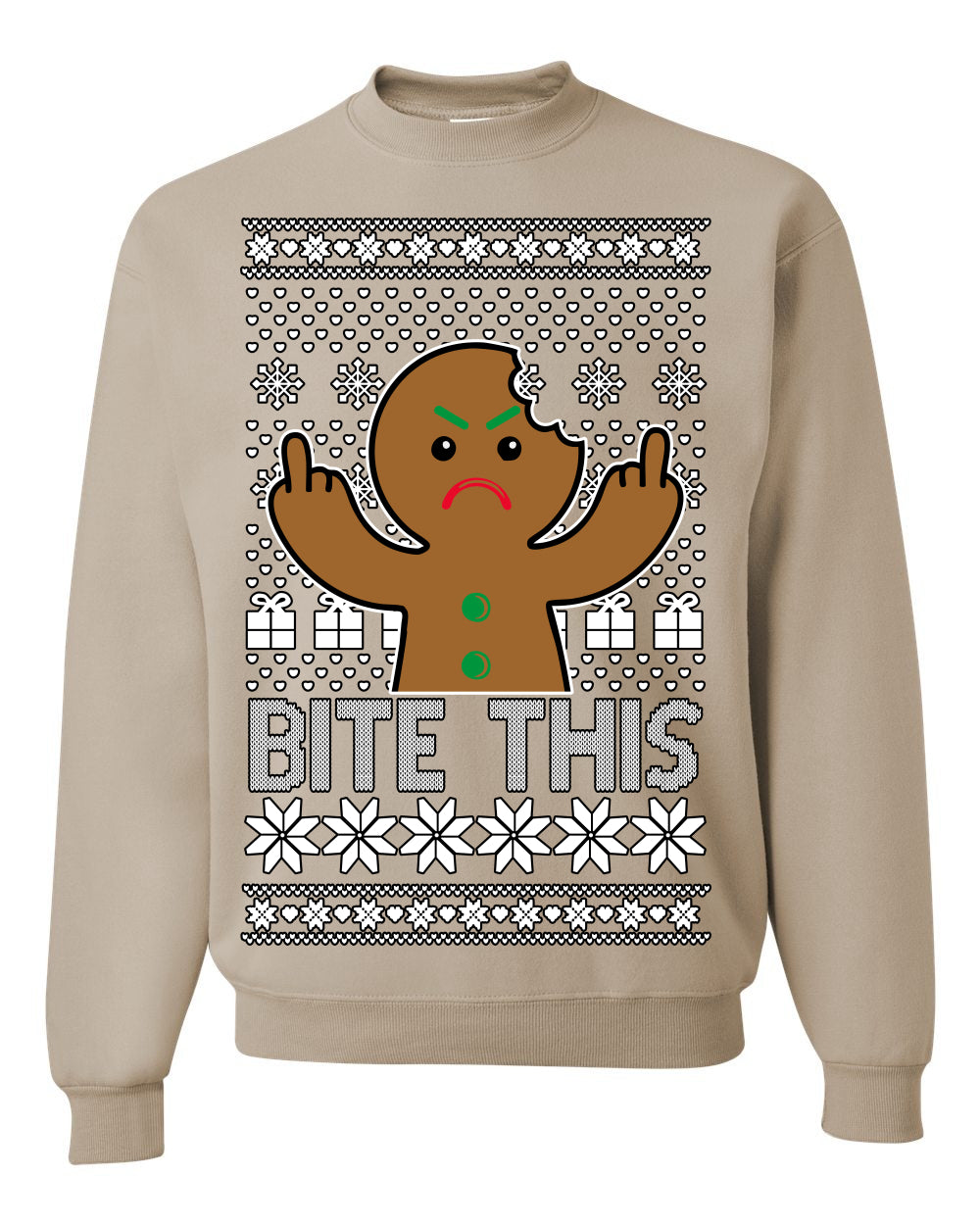 Bite This, Funny Gingerbread Cookie Offensive Inappropriate Middle Finger, F U Ginger Bread Dirty Novelty Xmas Ugly Christmas Sweater Ugly Christmas Unisex Crewneck Sweatshirt