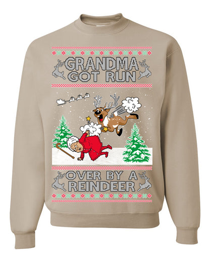 Grandma Got Run Over by a Reindeer, Funny Animated Design Rein Deer Kids TV Song Movie, Ugly Christmas Sweater Ugly Christmas Unisex Crewneck Sweatshirt