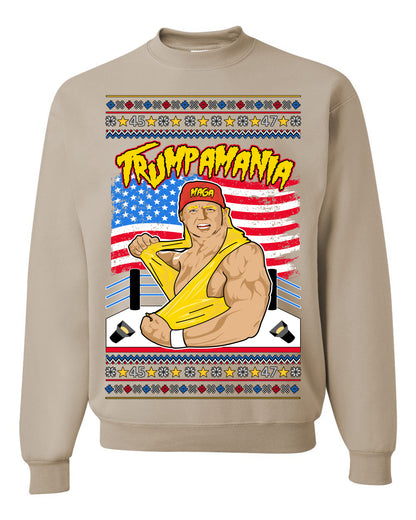 Trumpamania Funny Hogan 80s USA Wrestling Sports Parody, Donald Trump Vance 2024 Wrestler MAGA Make America Great Again, Ugly Christmas Sweater Ugly Christmas Unisex Crewneck Sweatshirt