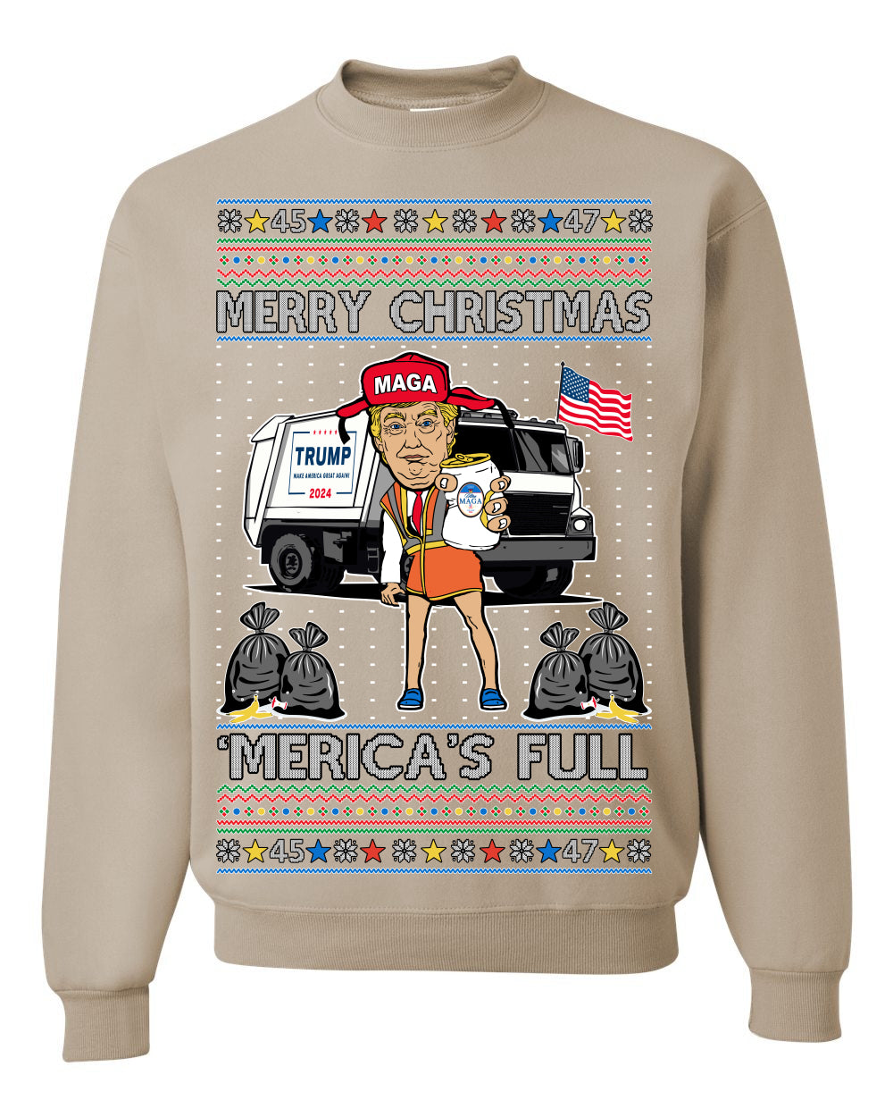 Donald Trump Merry Christmas Merica's Full, Cousin Eddie Christmas Vacation Garbage for Trump Funny Viral Meme, Ugly Christmas Sweater Ugly Christmas Unisex Crewneck Sweatshirt