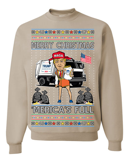 Donald Trump Merry Christmas Merica's Full, Cousin Eddie Christmas Vacation Garbage for Trump Funny Viral Meme, Ugly Christmas Sweater Ugly Christmas Unisex Crewneck Sweatshirt