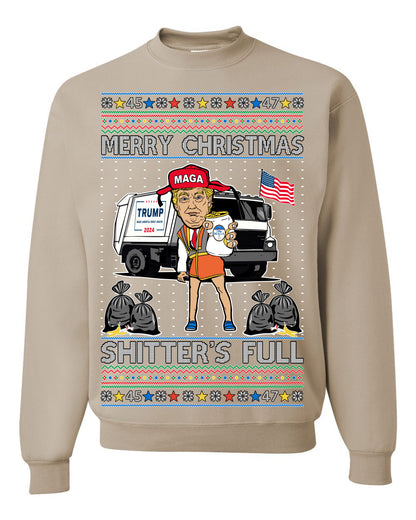 Donald Trump Merry Christmas Shitter's Full, Cousin Eddie Christmas Vacation Garbage for Trump Funny Viral Meme, Ugly Christmas Sweater Ugly Christmas Unisex Crewneck Sweatshirt