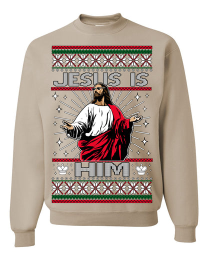 Jesus Is Him Funny Gen Z Viral Meme Shades, Religious Christ Christian Christianity Brain Rot Joke Slang Ugly Christmas Sweater Ugly Christmas Unisex Crewneck Sweatshirt