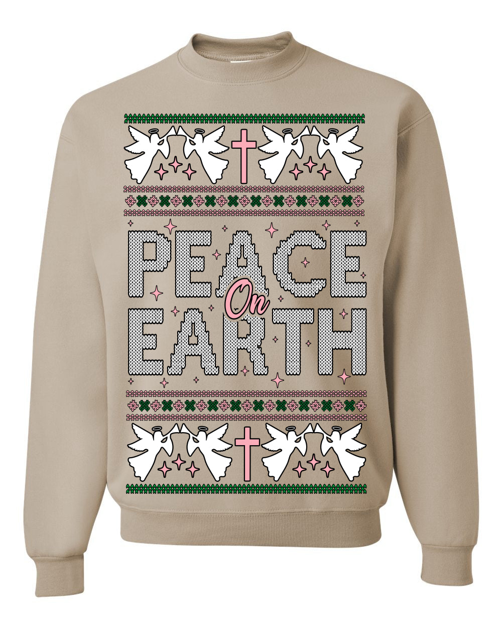 Peace On Earth Funny Xmas Cute Pink Angel Cross, Women Men Religious Christian Catholic Ugly Christmas Sweater Ugly Christmas Unisex Crewneck Sweatshirt