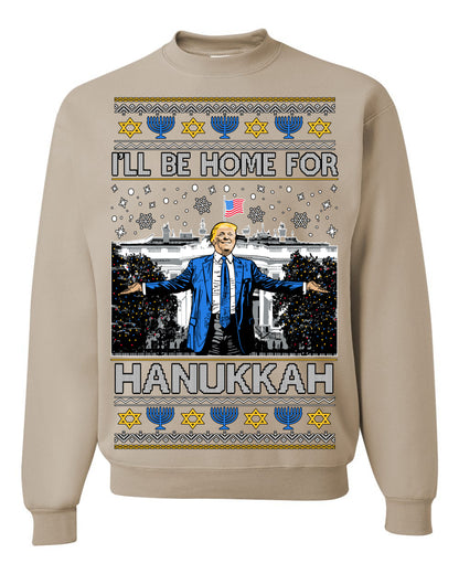 I'll Be Home for Hanukkah, Funny President Donald Trump JD Vance Winter Holiday Chanukah Hannukkah Channukah Ugly Christmas Sweater Ugly Christmas Men's T-Shirt