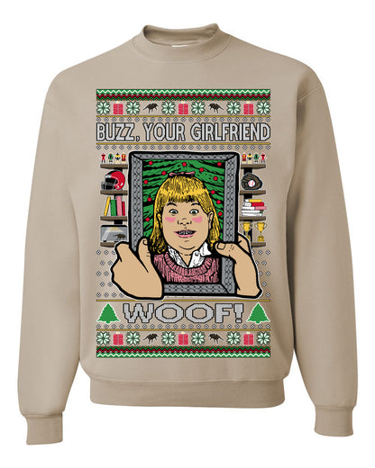 Buzz Your Girlfriend Woof, Funny 90s Chicago Xmas Movie Alone Kevin, Ugly Christmas Sweater Ugly Christmas Unisex Crewneck Sweatshirt