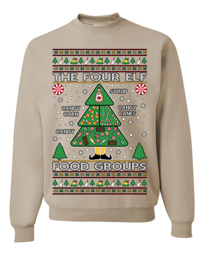 The Four Elf Food Groups, Peppermint Chocolate Candy Canes Syrup, Funny Ugly Christmas Sweater Ugly Christmas Unisex Crewneck Sweatshirt