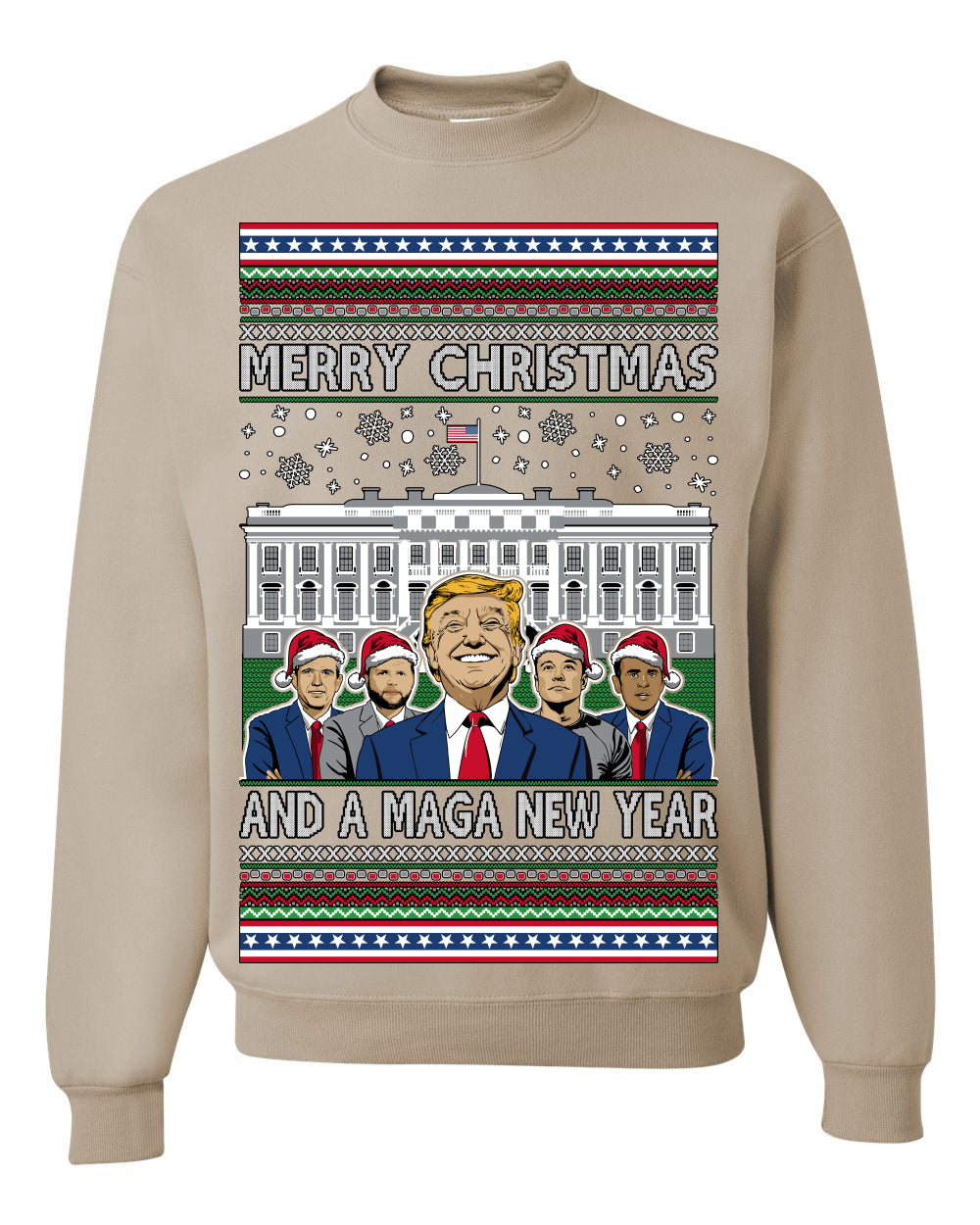 Merry Christmas and a MAGA New Year 2025, Trump Vance Administration 45 47 Make America Great Again USA Ugly Christmas Sweater Ugly Christmas Unisex Crewneck Sweatshirt