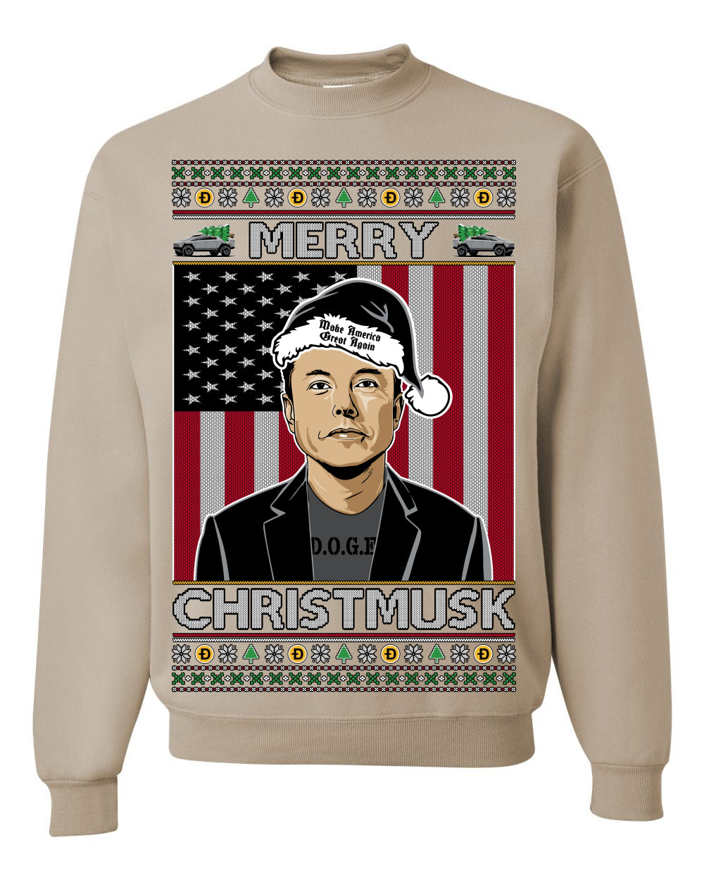 Merry Christmusk Funny Dark MAGA Santa Elon Doge Meme, Crypto Dogecoin America First USA Republican Ugly Christmas Sweater Ugly Christmas Unisex Crewneck Sweatshirt