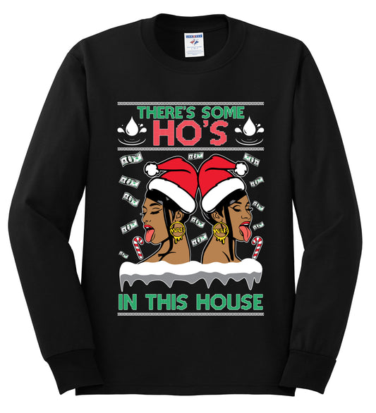 Woman Rapper Ho's In This House, Christmas Gifts, Funny Xmas Gift Idea, Ugly Christmas Sweater Mens Long Sleeve Shirt