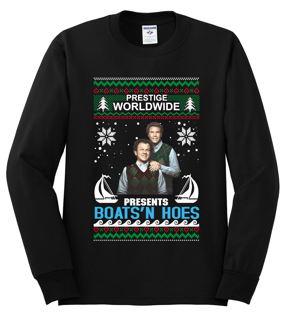 Prestige Worldwide Boats N' Hoes Step Brothers, Christmas Gifts, Funny Xmas Gift Idea, Ugly Christmas Sweater Mens Long Sleeve Shirt