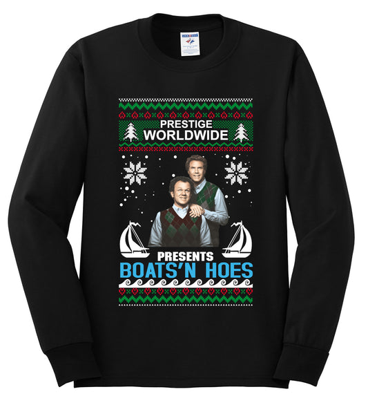 Prestige Worldwide Boats N' Hoes Step Brothers, Christmas Gifts, Funny Xmas Gift Idea, Ugly Christmas Sweater Mens Long Sleeve Shirt