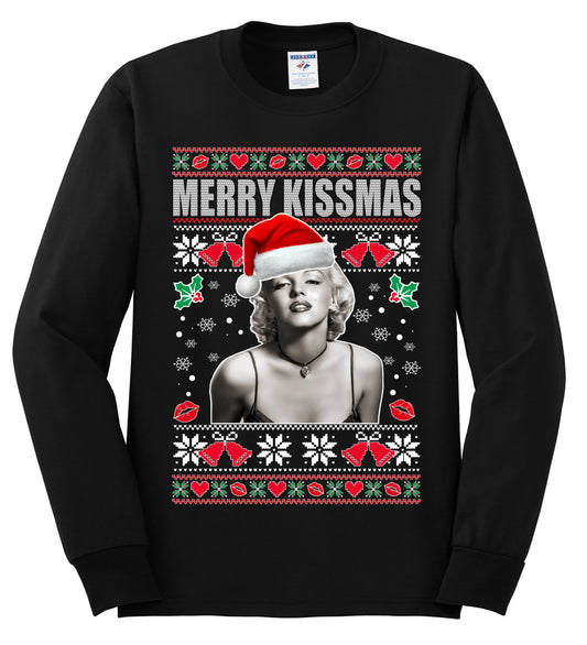 Merry Kissmas Marilyn Monroe, Christmas Gifts, Funny Xmas Gift Idea, Ugly Christmas Sweater Mens Long Sleeve Shirt
