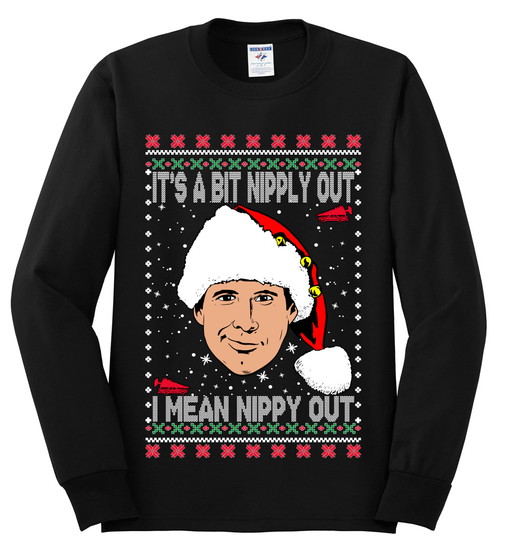 Clark G It's A Bit Nipply Out, Christmas Gifts, Funny Xmas Gift Idea, Ugly Christmas Sweater Mens Long Sleeve Shirt