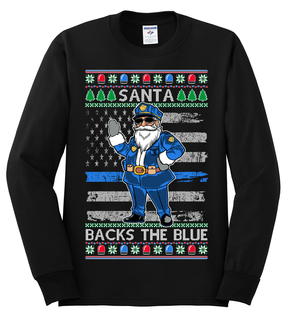 Santa Backs the Blue, Christmas Gifts, Funny Xmas Gift Idea, Ugly Christmas Sweater Mens Long Sleeve Shirt