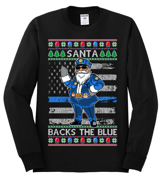 Santa Backs the Blue, Christmas Gifts, Funny Xmas Gift Idea, Ugly Christmas Sweater Mens Long Sleeve Shirt