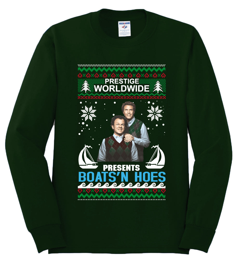 Prestige Worldwide Boats N' Hoes Step Brothers, Christmas Gifts, Funny Xmas Gift Idea, Ugly Christmas Sweater Mens Long Sleeve Shirt