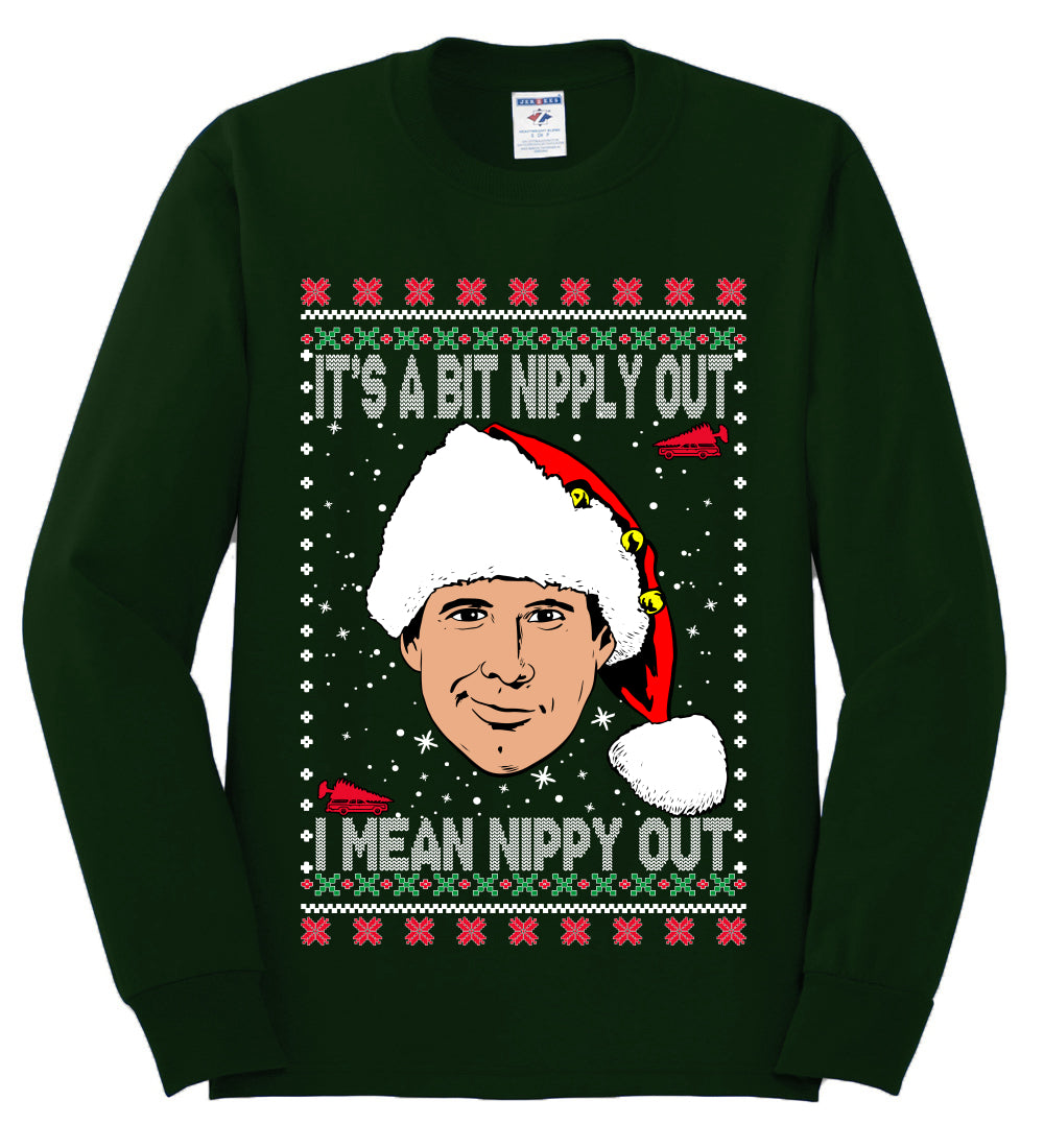 Clark G It's A Bit Nipply Out, Christmas Gifts, Funny Xmas Gift Idea, Ugly Christmas Sweater Mens Long Sleeve Shirt