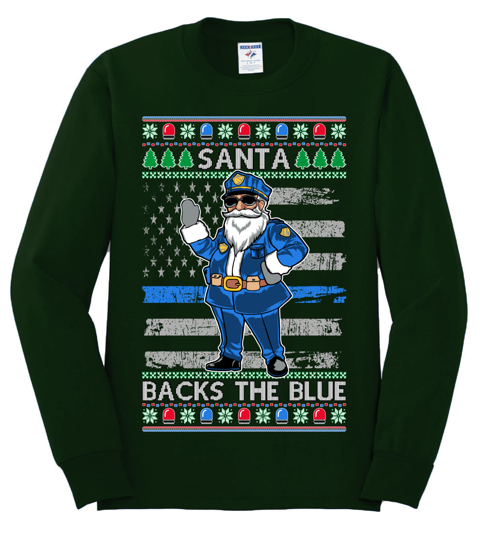 Santa Backs the Blue, Christmas Gifts, Funny Xmas Gift Idea, Ugly Christmas Sweater Mens Long Sleeve Shirt