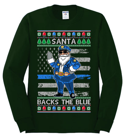 Santa Backs the Blue, Christmas Gifts, Funny Xmas Gift Idea, Ugly Christmas Sweater Mens Long Sleeve Shirt