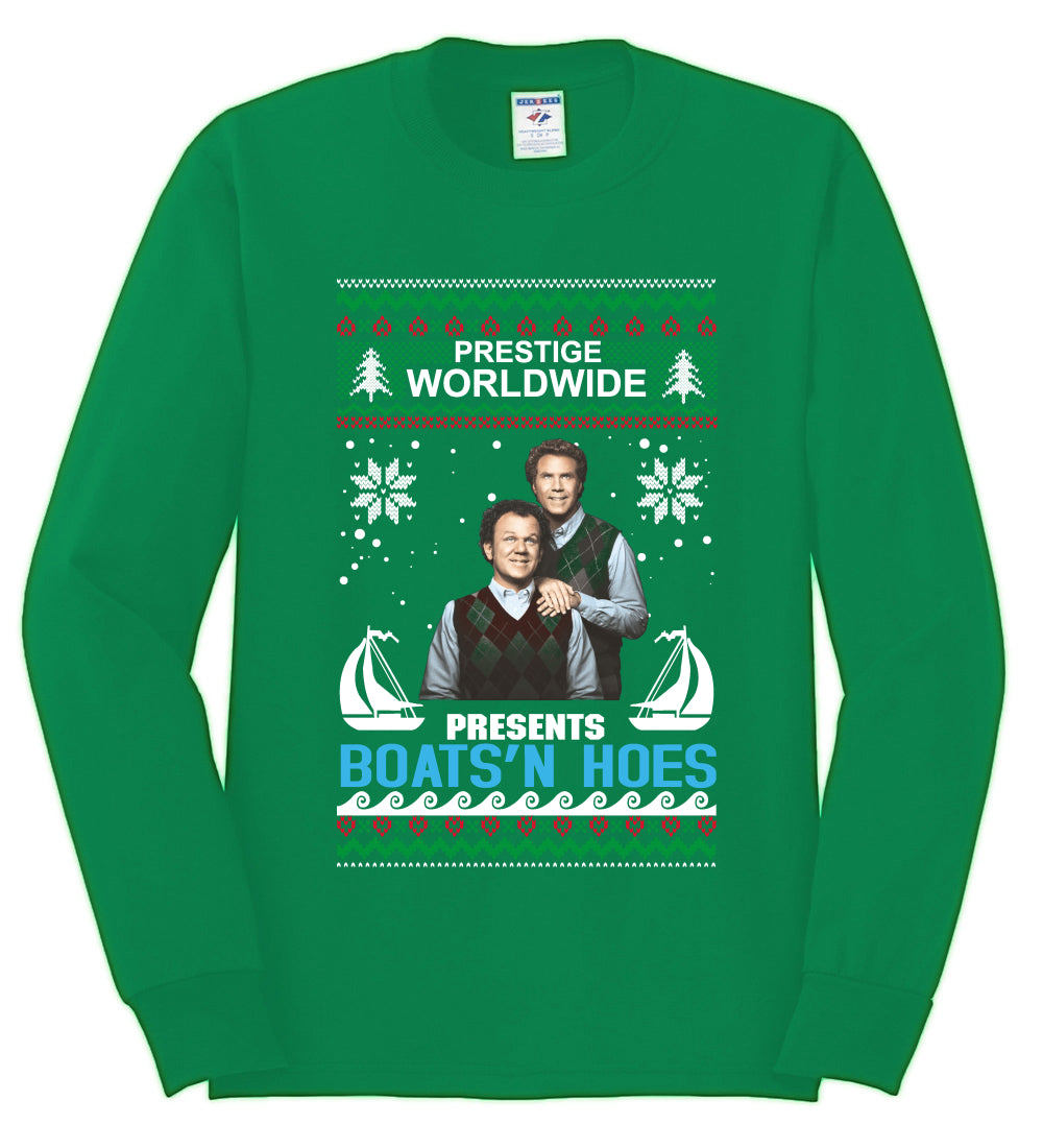 Prestige Worldwide Boats N' Hoes Step Brothers, Christmas Gifts, Funny Xmas Gift Idea, Ugly Christmas Sweater Mens Long Sleeve Shirt