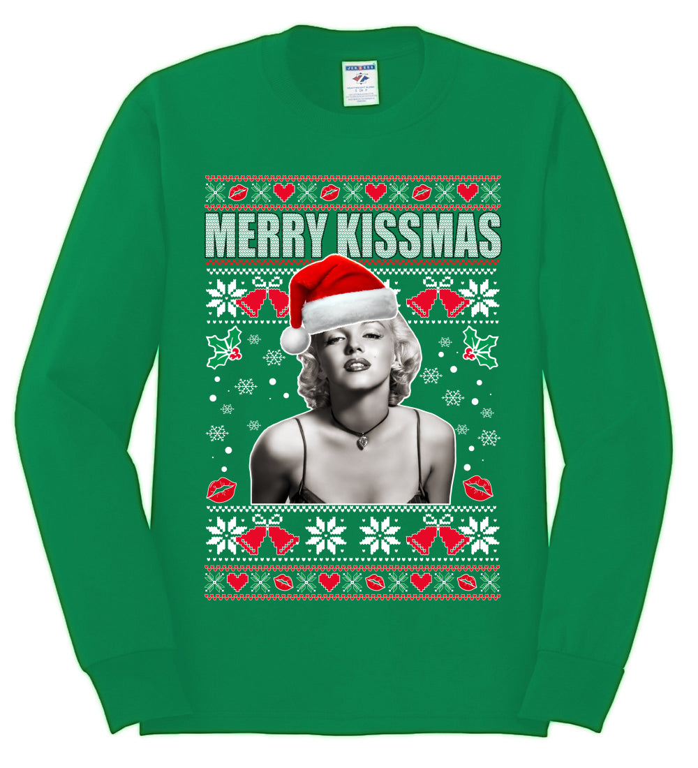 Merry Kissmas Marilyn Monroe, Christmas Gifts, Funny Xmas Gift Idea, Ugly Christmas Sweater Mens Long Sleeve Shirt