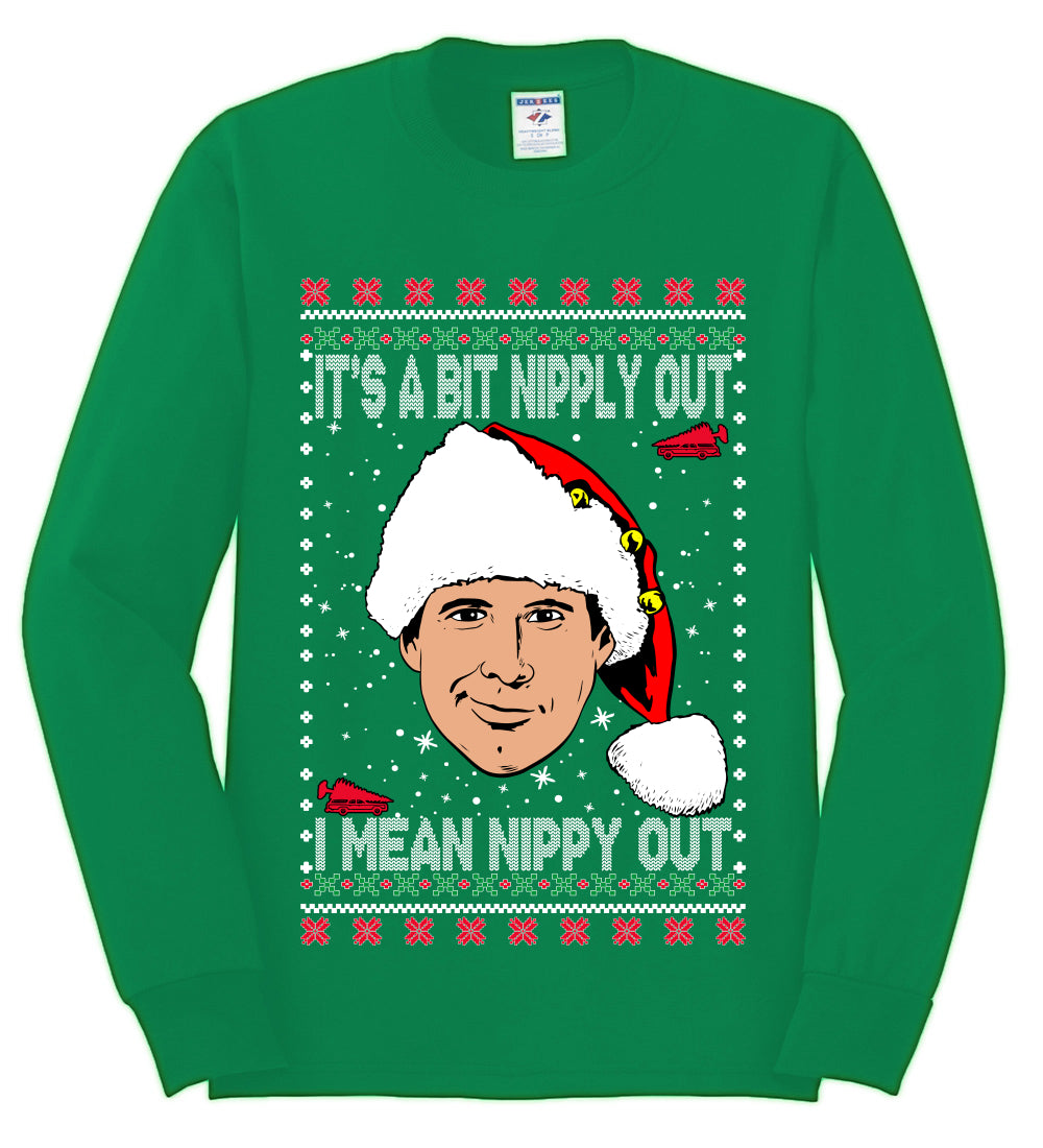 Clark G It's A Bit Nipply Out, Christmas Gifts, Funny Xmas Gift Idea, Ugly Christmas Sweater Mens Long Sleeve Shirt