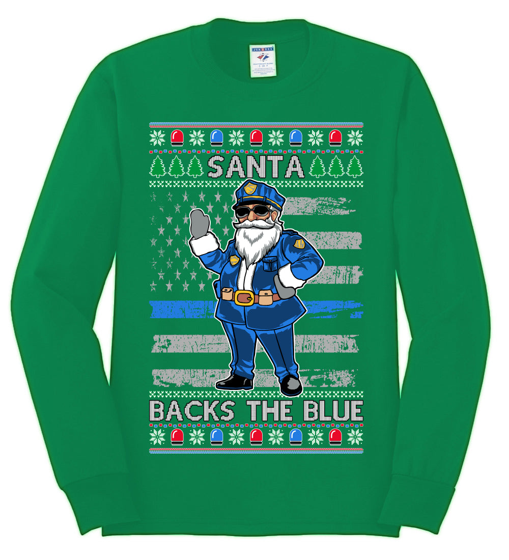 Santa Backs the Blue, Christmas Gifts, Funny Xmas Gift Idea, Ugly Christmas Sweater Mens Long Sleeve Shirt