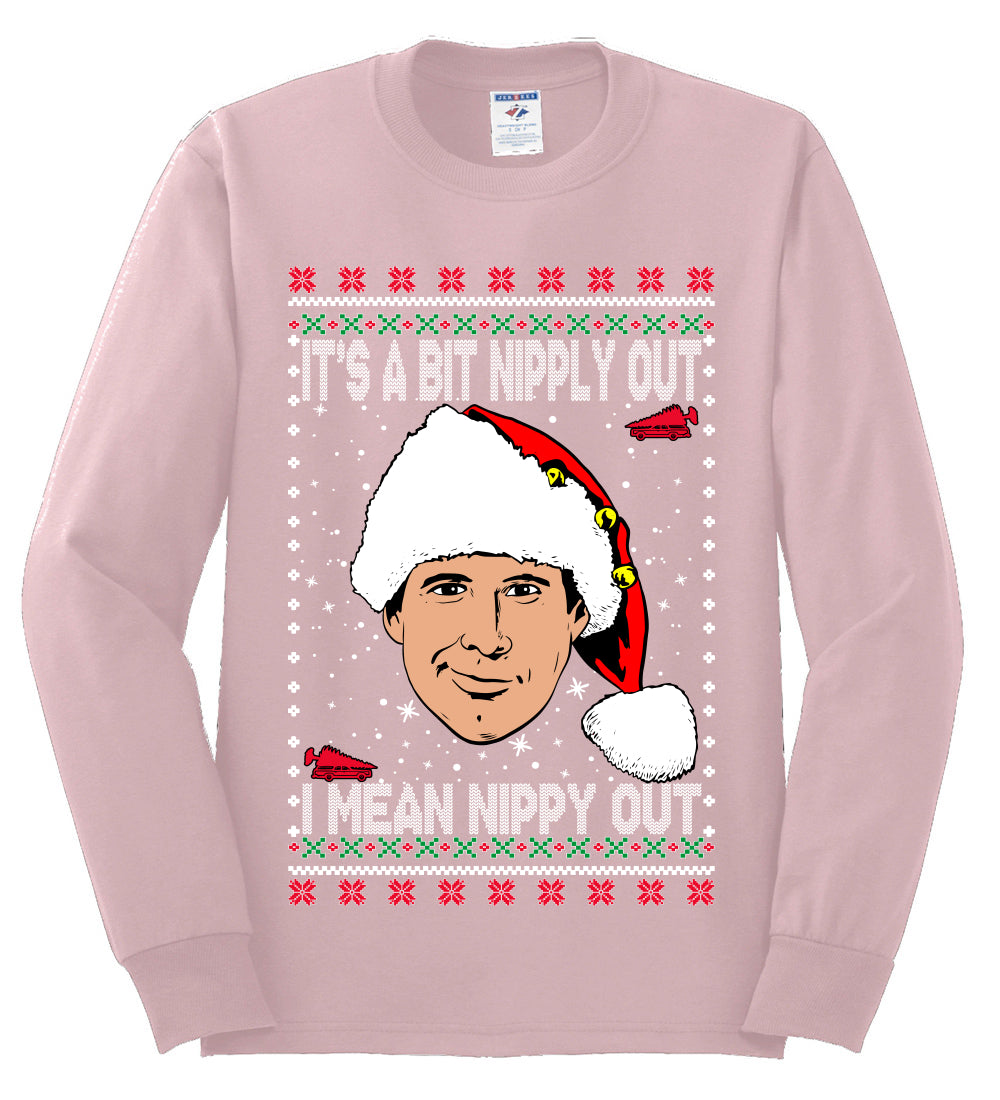 Clark G It's A Bit Nipply Out, Christmas Gifts, Funny Xmas Gift Idea, Ugly Christmas Sweater Mens Long Sleeve Shirt