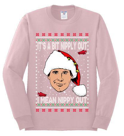 Clark G It's A Bit Nipply Out, Christmas Gifts, Funny Xmas Gift Idea, Ugly Christmas Sweater Mens Long Sleeve Shirt