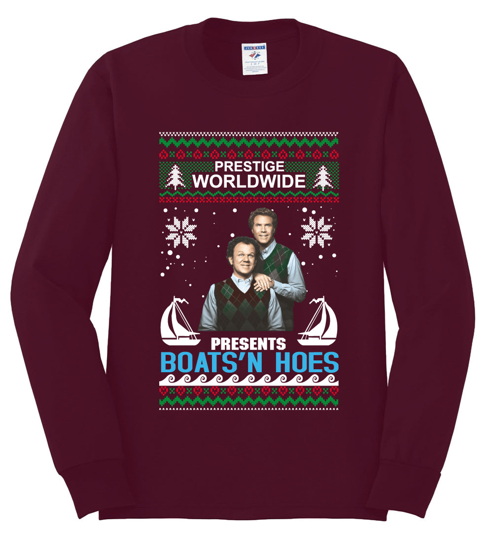 Prestige Worldwide Boats N' Hoes Step Brothers, Christmas Gifts, Funny Xmas Gift Idea, Ugly Christmas Sweater Mens Long Sleeve Shirt
