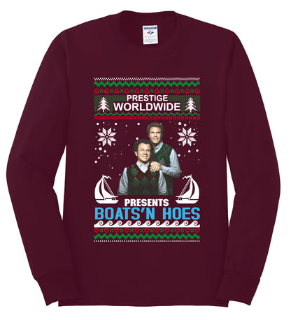 Prestige Worldwide Boats N' Hoes Step Brothers, Christmas Gifts, Funny Xmas Gift Idea, Ugly Christmas Sweater Mens Long Sleeve Shirt