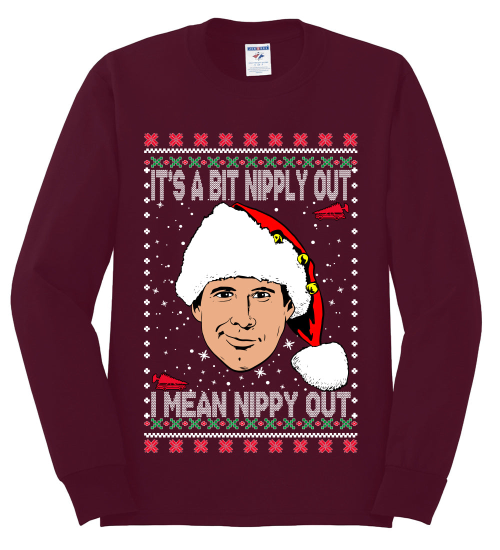 Clark G It's A Bit Nipply Out, Christmas Gifts, Funny Xmas Gift Idea, Ugly Christmas Sweater Mens Long Sleeve Shirt