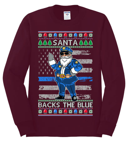 Santa Backs the Blue, Christmas Gifts, Funny Xmas Gift Idea, Ugly Christmas Sweater Mens Long Sleeve Shirt
