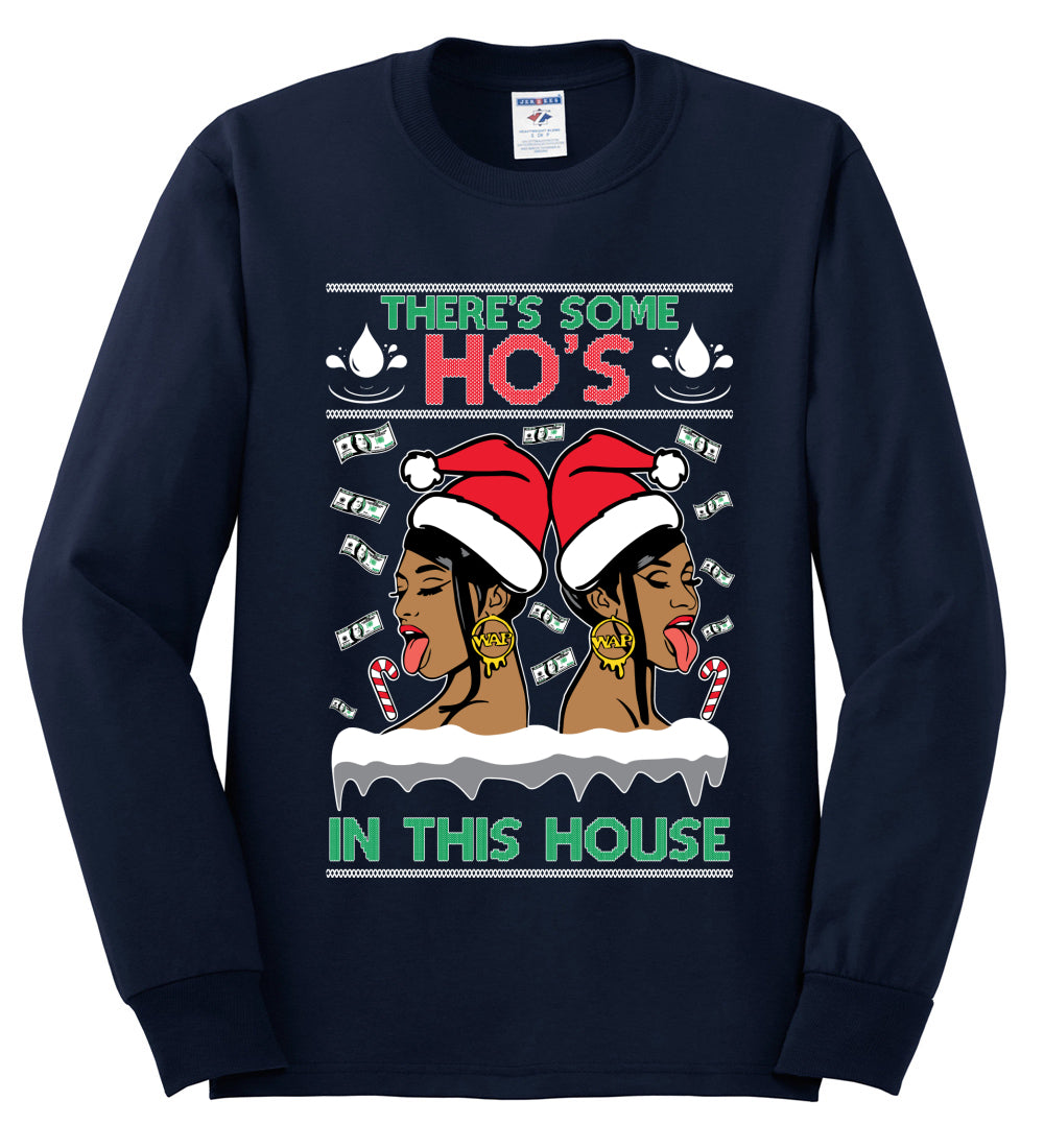 Woman Rapper Ho's In This House, Christmas Gifts, Funny Xmas Gift Idea, Ugly Christmas Sweater Mens Long Sleeve Shirt