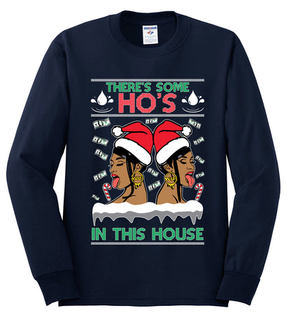 Woman Rapper Ho's In This House, Christmas Gifts, Funny Xmas Gift Idea, Ugly Christmas Sweater Mens Long Sleeve Shirt