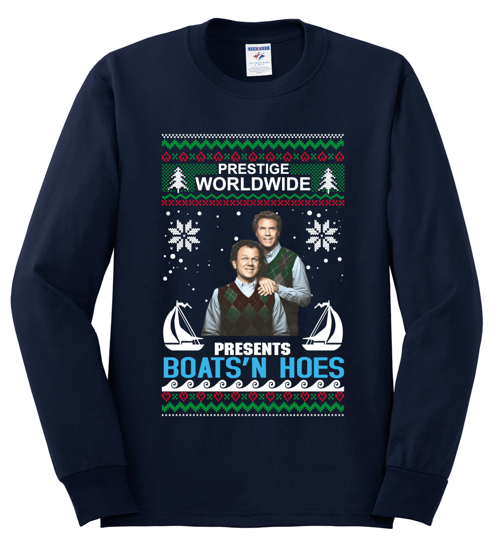 Prestige Worldwide Boats N' Hoes Step Brothers, Christmas Gifts, Funny Xmas Gift Idea, Ugly Christmas Sweater Mens Long Sleeve Shirt