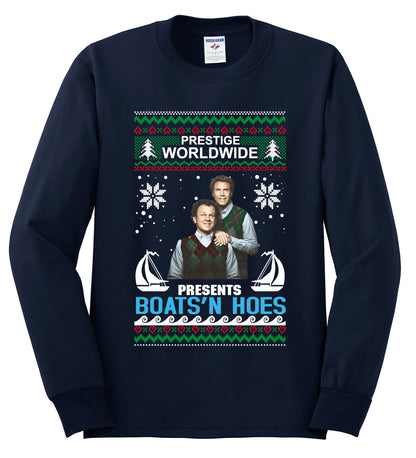 Prestige Worldwide Boats N' Hoes Step Brothers, Christmas Gifts, Funny Xmas Gift Idea, Ugly Christmas Sweater Mens Long Sleeve Shirt