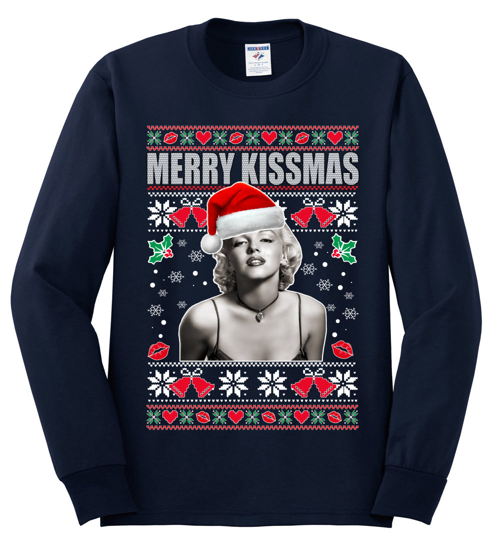 Merry Kissmas Marilyn Monroe, Christmas Gifts, Funny Xmas Gift Idea, Ugly Christmas Sweater Mens Long Sleeve Shirt