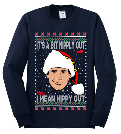 Clark G It's A Bit Nipply Out, Christmas Gifts, Funny Xmas Gift Idea, Ugly Christmas Sweater Mens Long Sleeve Shirt
