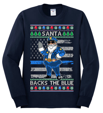 Santa Backs the Blue, Christmas Gifts, Funny Xmas Gift Idea, Ugly Christmas Sweater Mens Long Sleeve Shirt