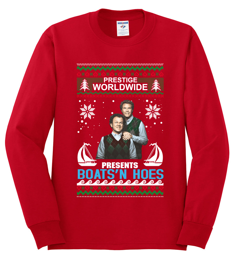 Prestige Worldwide Boats N' Hoes Step Brothers, Christmas Gifts, Funny Xmas Gift Idea, Ugly Christmas Sweater Mens Long Sleeve Shirt