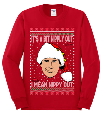 Clark G It's A Bit Nipply Out, Christmas Gifts, Funny Xmas Gift Idea, Ugly Christmas Sweater Mens Long Sleeve Shirt