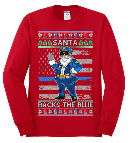 Santa Backs the Blue, Christmas Gifts, Funny Xmas Gift Idea, Ugly Christmas Sweater Mens Long Sleeve Shirt