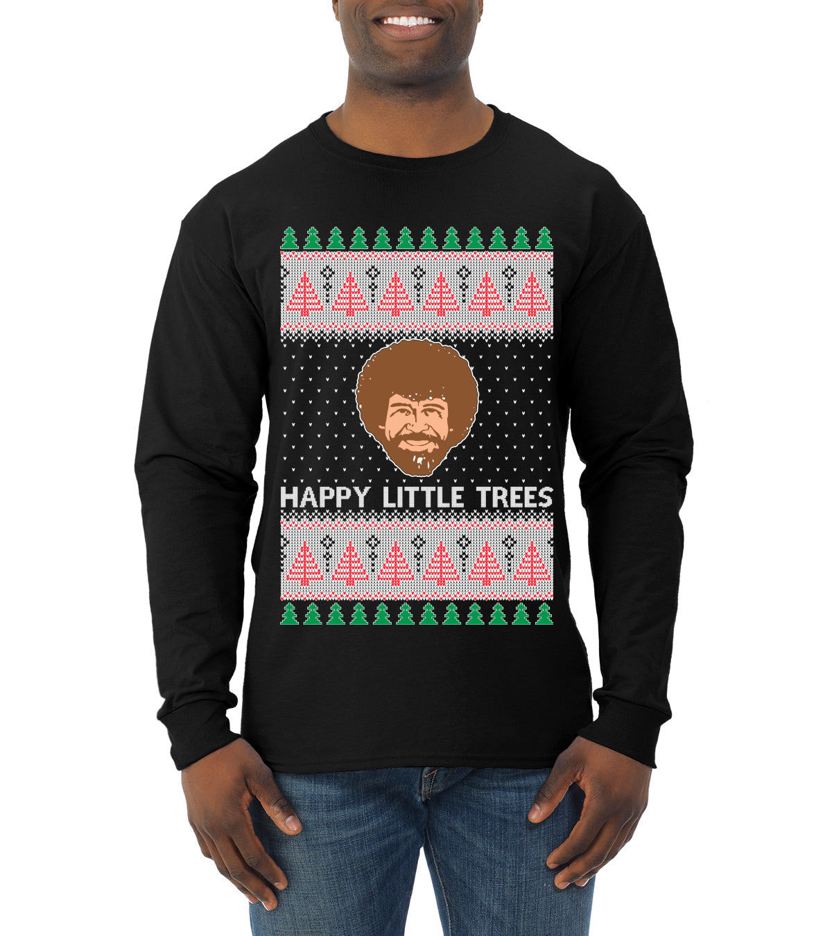 Bob Happy Little Trees Ross Painter, Christmas Gifts, Funny Xmas Gift Idea, Ugly Christmas  Mens Long Sleeve Shirt