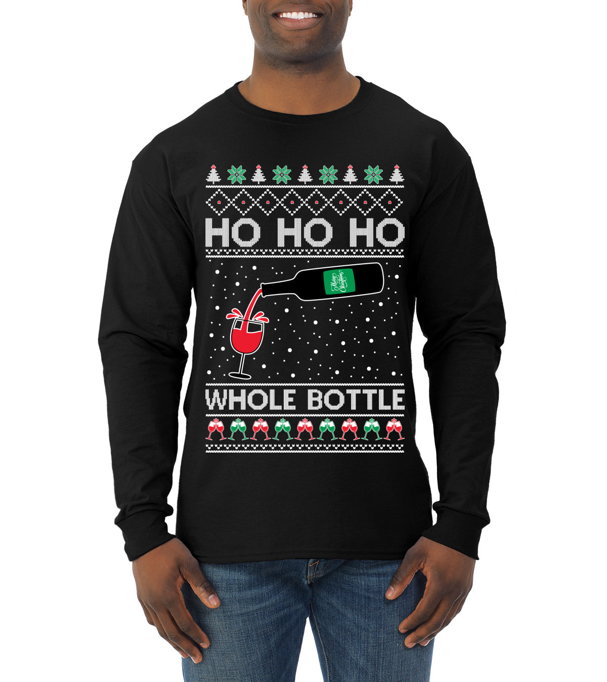 Ho Ho Ho Whole Bottle Wine Spirits, Christmas Gifts, Funny Xmas Gift Idea, Ugly Christmas  Mens Long Sleeve Shirt